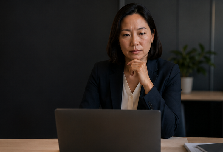 A worker pausing to think at her laptop