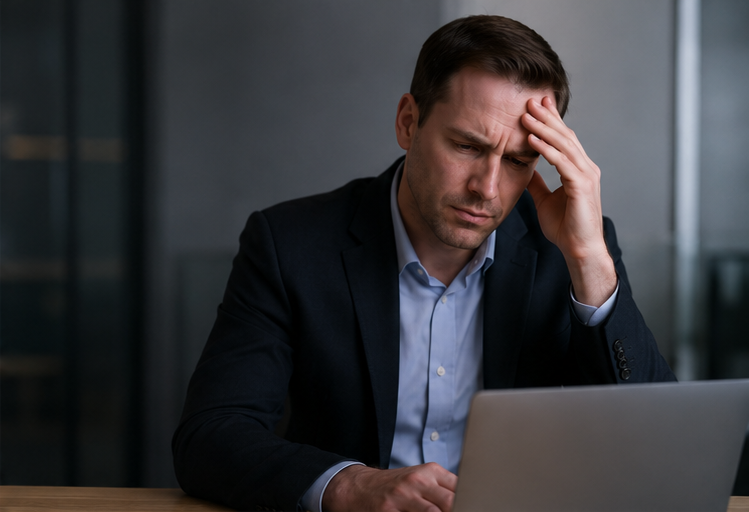 A worker looking stressed at his laptop