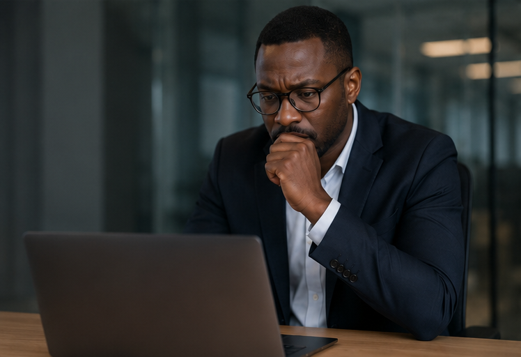 A worker looking uneasy at his laptop