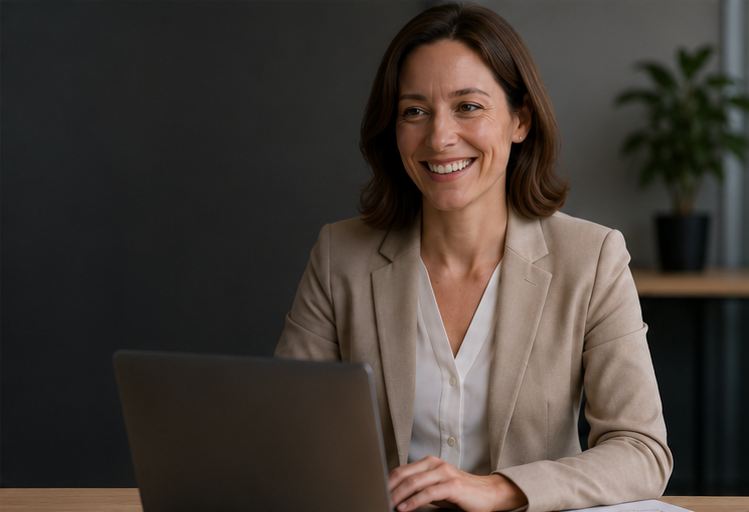 A worker smiling confidently at her laptop