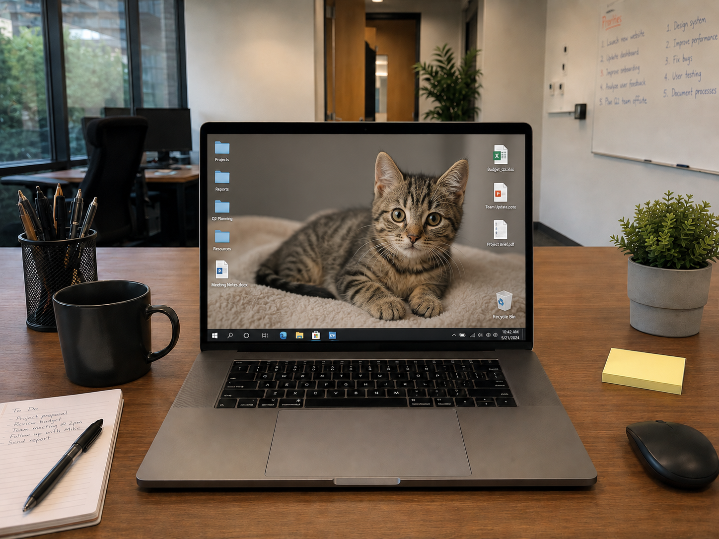 A laptop open on an office desk